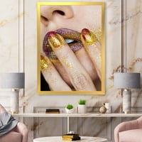 עיצוב אמנות 'תקריב של אישה זהב זהב גליטר שפתון' מודרני ממוסגר אמנות הדפסה