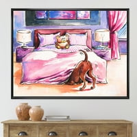 עיצוב אמנות 'כלב חום מחפש מתחת למיטה ודובון' בית חווה ממוסגר בד קיר אמנות הדפסה