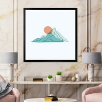 עיצוב הרים כחולים מופשטים עם ירח אדום II הדפס אמנות מודרני ממוסגר