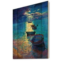 עיצוב אמנות 'סירות דיג על המים עם איור שמיים כחולים כהים' הדפס בית אגם על עץ אורן טבעי