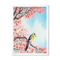 ציפור אדומה יפהפייה יושבת על ענף פורח אני ממוסגרת לציור הדפס אמנות בד