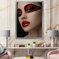 עיצוב 'שפתיים אדומות, איפור שחור על עיניו של נערת המסכה' הדפס אמנות מודרני ממוסגר