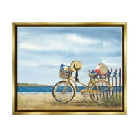 אופני קיץ חוף יום גלי ציור חוף מטאלי זהב ממוסגר אמנות אמנות קיר אמנות
